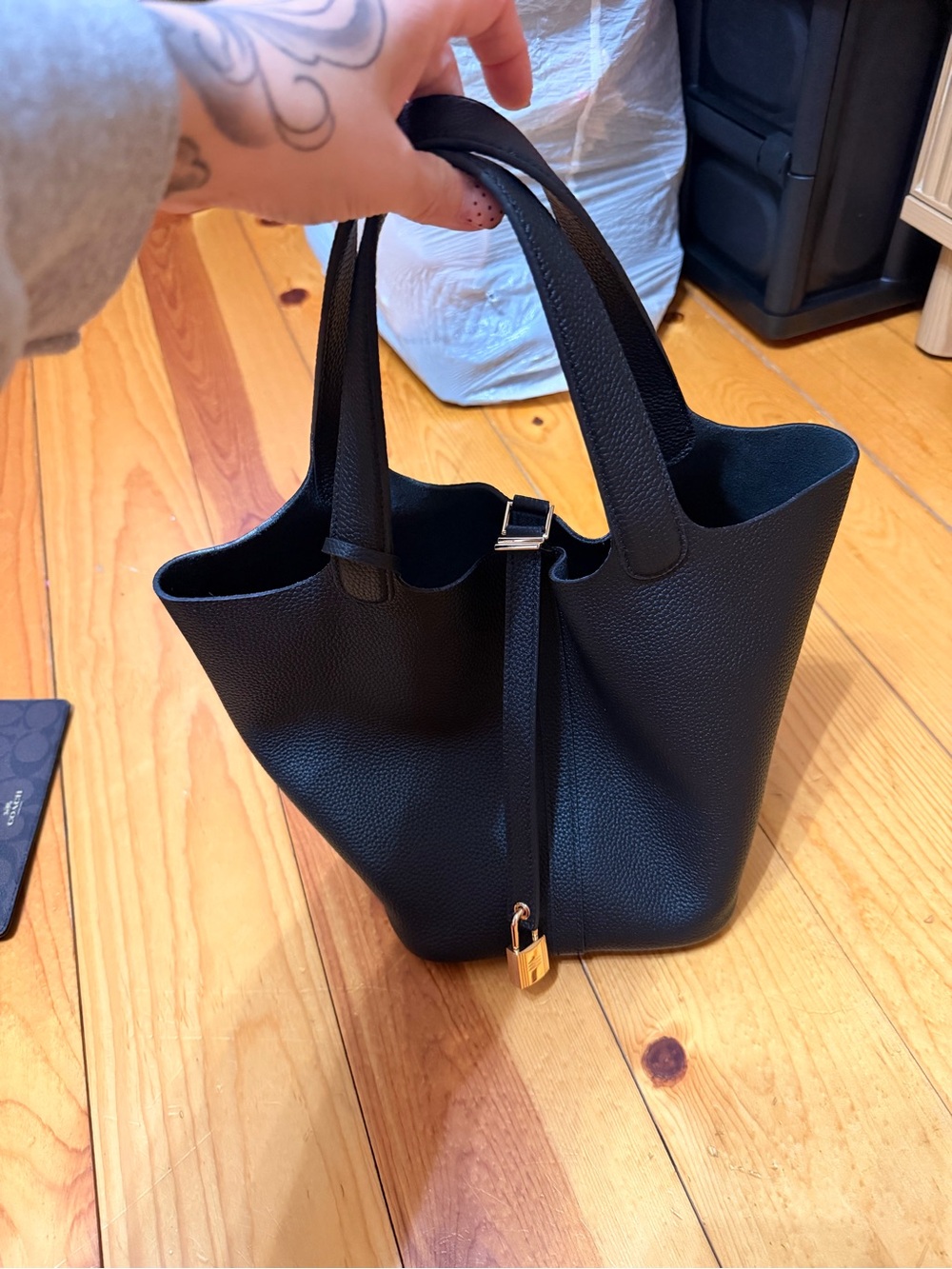 Classic Black Leather Tote Bag with Gold Padlock